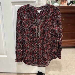Floral V-Neck Blouse - Red and Black